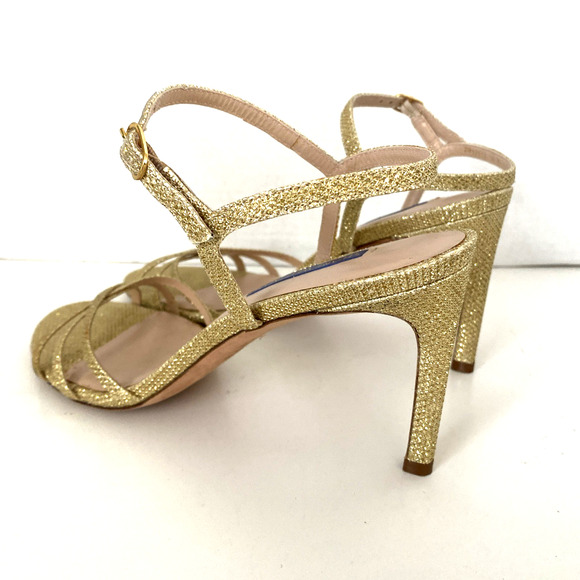 Stuart Weitzman Starla Gold Sandal 3.5"Slim Heel Open Toe Glitter Ankle Strap 10 - Picture 6 of 10